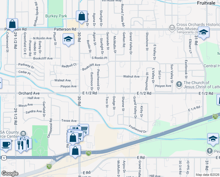 map of restaurants, bars, coffee shops, grocery stores, and more near 556 Serenade Court in Grand Junction
