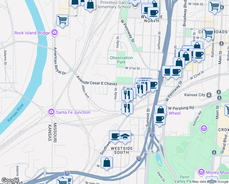 map of restaurants, bars, coffee shops, grocery stores, and more near 2312 Holly Street in Kansas City