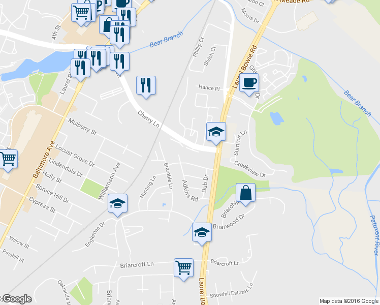 map of restaurants, bars, coffee shops, grocery stores, and more near 9101 Cherry Lane in Laurel