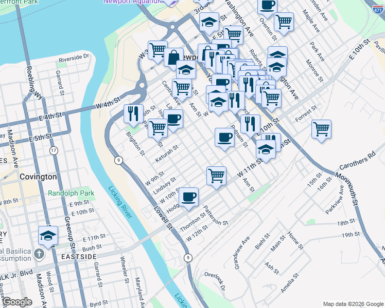 map of restaurants, bars, coffee shops, grocery stores, and more near 218 West 9th Street in Newport