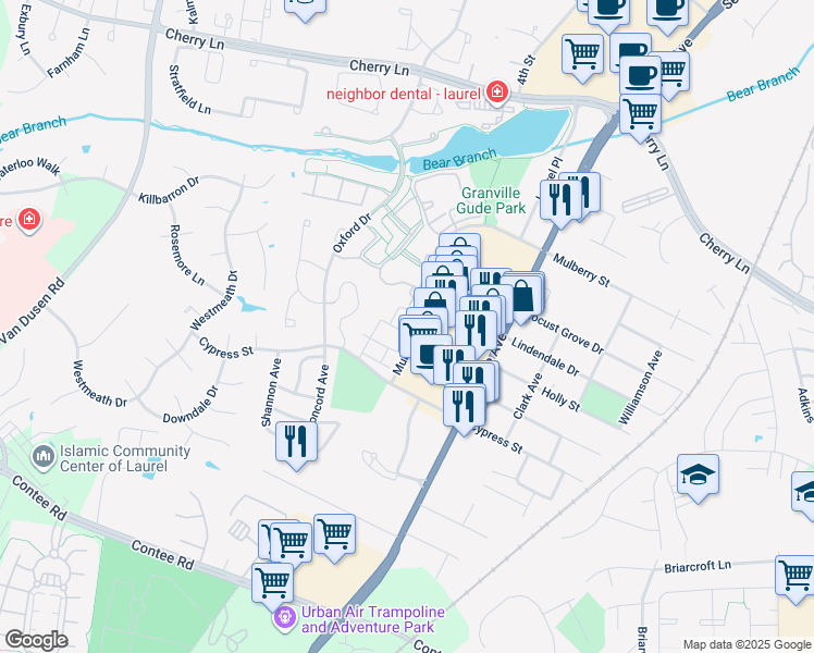 map of restaurants, bars, coffee shops, grocery stores, and more near in Laurel