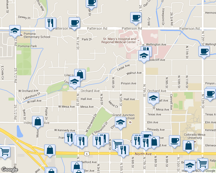 map of restaurants, bars, coffee shops, grocery stores, and more near 1926 North 3rd Court in Grand Junction