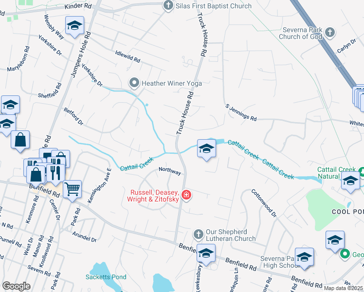map of restaurants, bars, coffee shops, grocery stores, and more near 104 Truck House Road in Severna Park