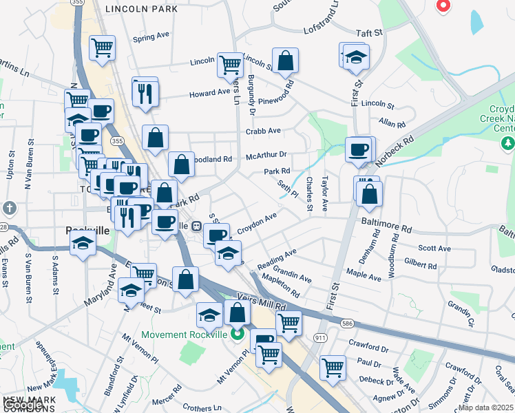 map of restaurants, bars, coffee shops, grocery stores, and more near 303 Highland Avenue in Rockville