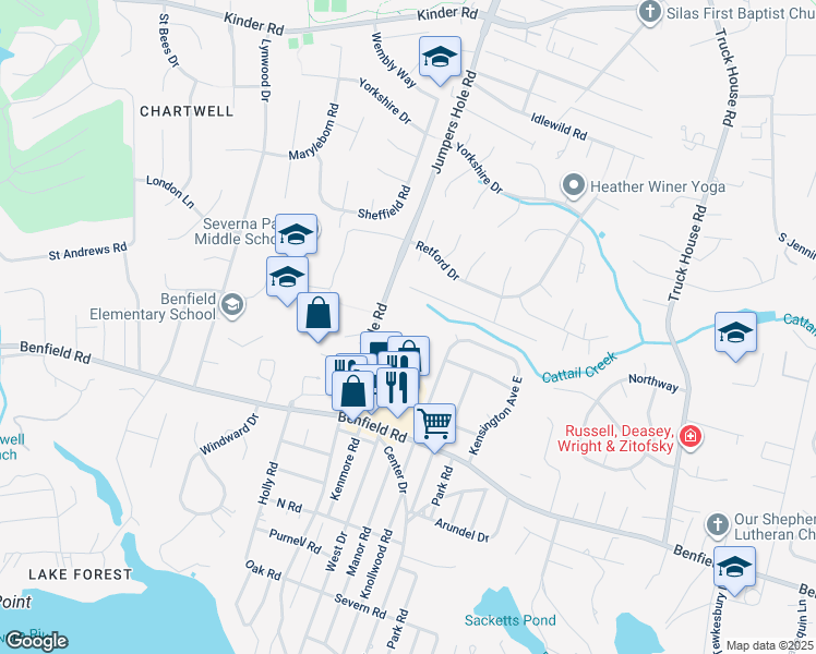 map of restaurants, bars, coffee shops, grocery stores, and more near 469 Jumpers Hole Road in Severna Park