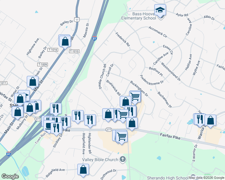 map of restaurants, bars, coffee shops, grocery stores, and more near 233 Brunswick Road in Stephens City