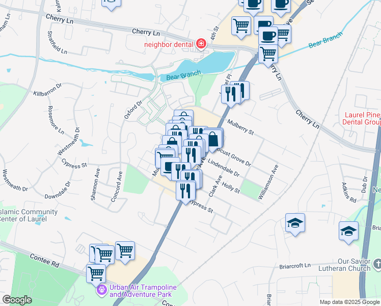 map of restaurants, bars, coffee shops, grocery stores, and more near 14398 Baltimore Avenue in Laurel