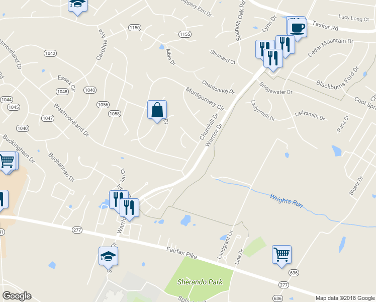 map of restaurants, bars, coffee shops, grocery stores, and more near 113 Churchill Drive in Stephens City