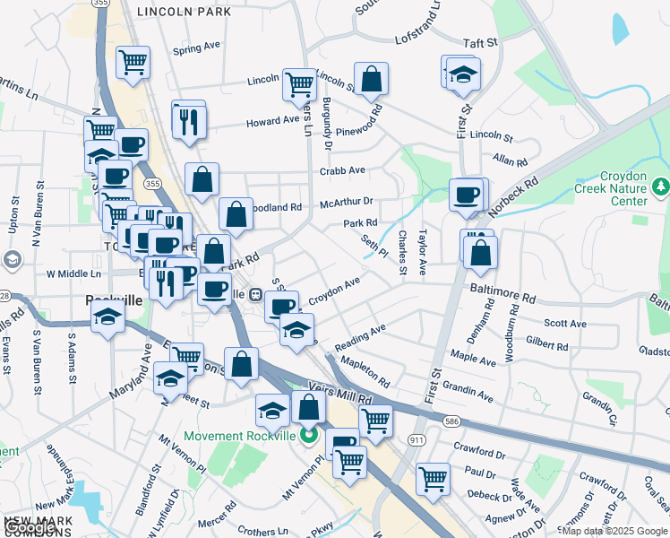 map of restaurants, bars, coffee shops, grocery stores, and more near 303 Highland Avenue in Rockville