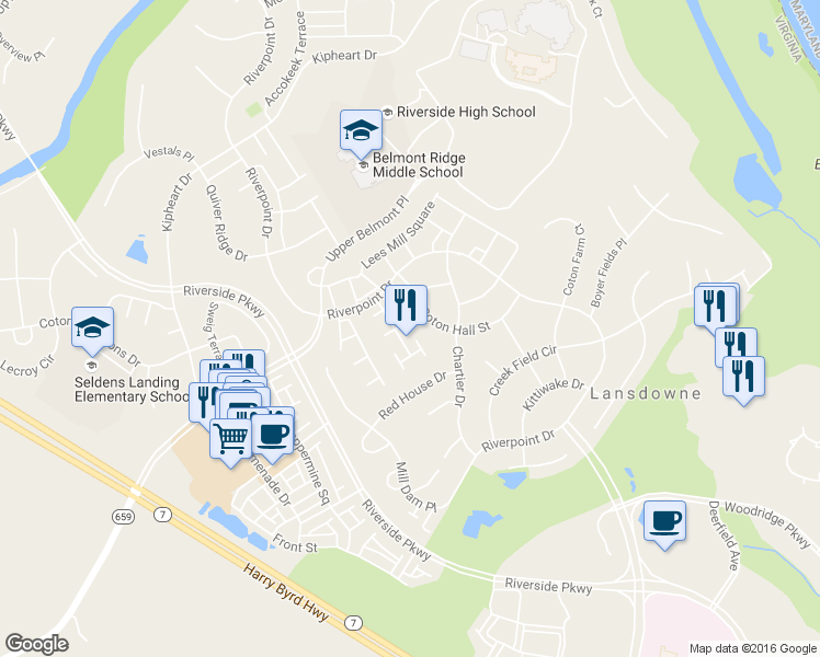 map of restaurants, bars, coffee shops, grocery stores, and more near 43689 Warbler Square in Leesburg