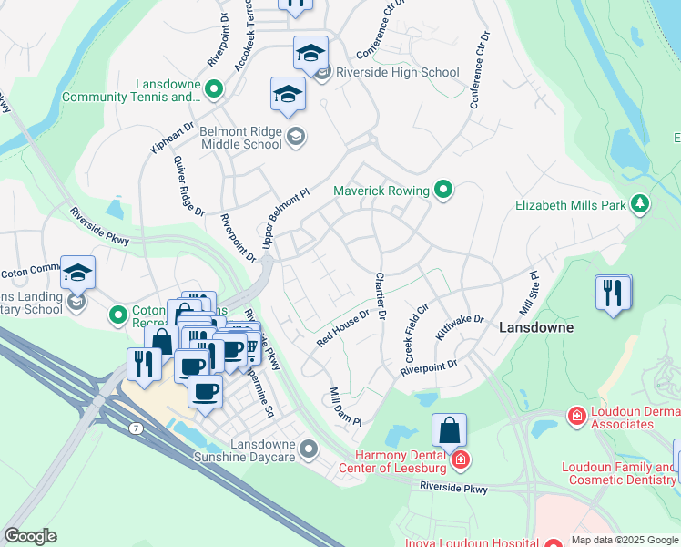 map of restaurants, bars, coffee shops, grocery stores, and more near 43689 Warbler Square in Leesburg
