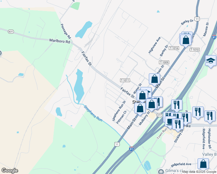 map of restaurants, bars, coffee shops, grocery stores, and more near 226 Shoe Buckle Court in Stephens City