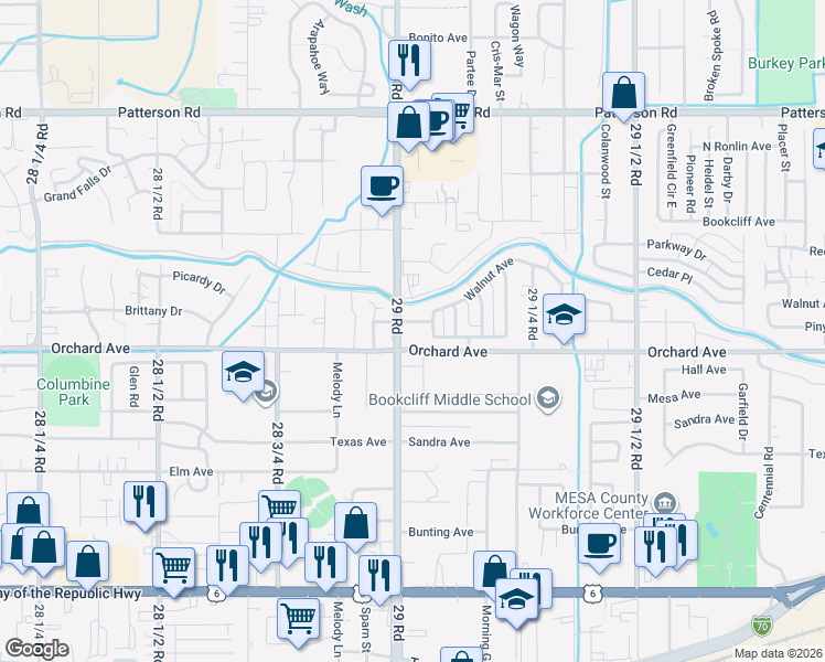 map of restaurants, bars, coffee shops, grocery stores, and more near 2902 Pinyon Avenue in Grand Junction