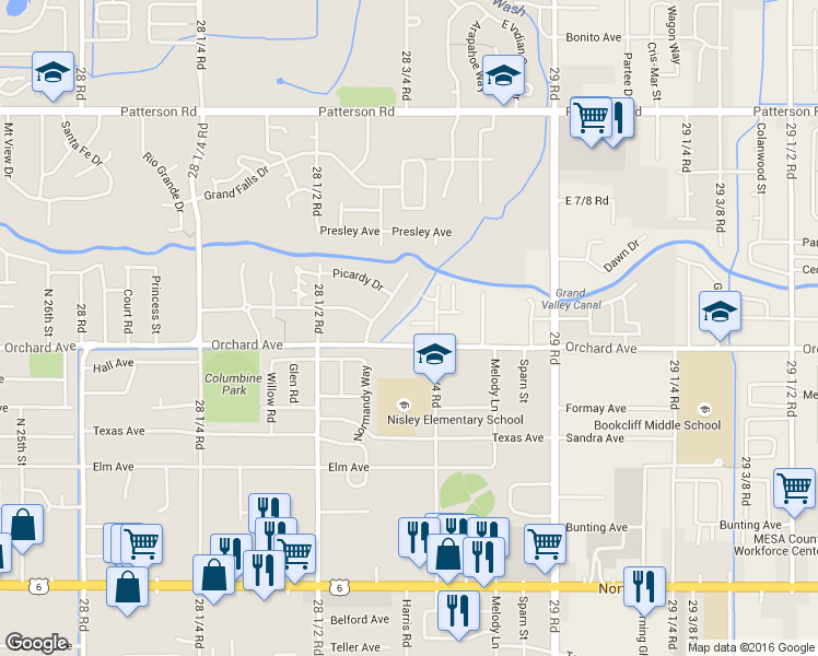 map of restaurants, bars, coffee shops, grocery stores, and more near Pinyon Avenue in Grand Junction