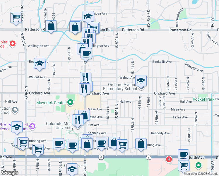 map of restaurants, bars, coffee shops, grocery stores, and more near 1391 Pinyon Avenue in Grand Junction