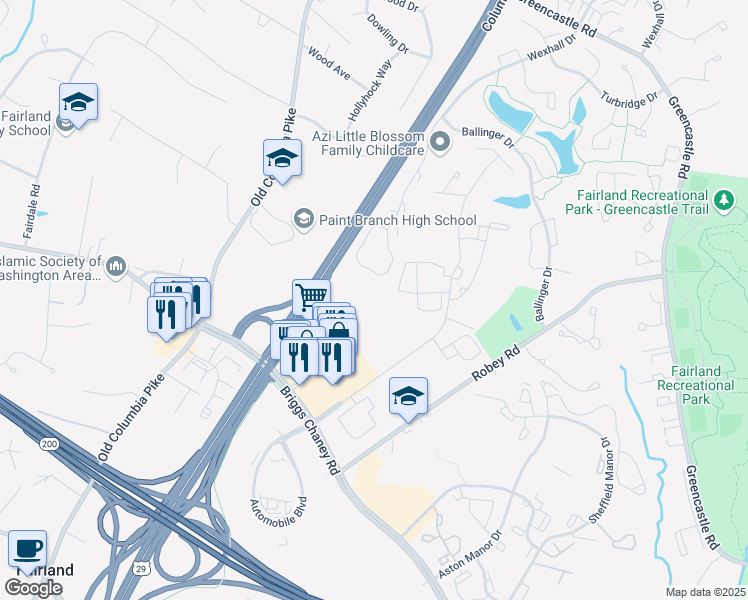 map of restaurants, bars, coffee shops, grocery stores, and more near 13920 Castle Blvd in Silver Spring