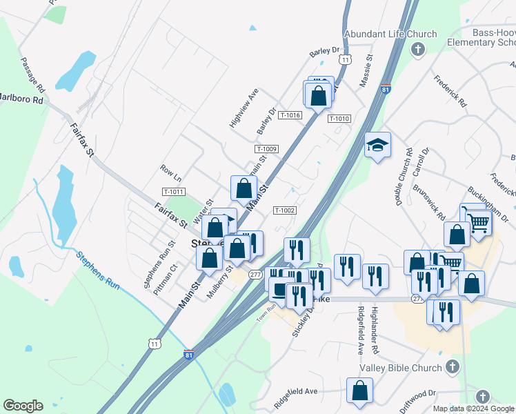 map of restaurants, bars, coffee shops, grocery stores, and more near 5286 Main Street in Stephens City
