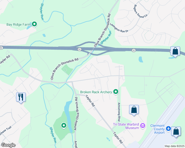 map of restaurants, bars, coffee shops, grocery stores, and more near 308 Stonelick Woods Drive in Batavia