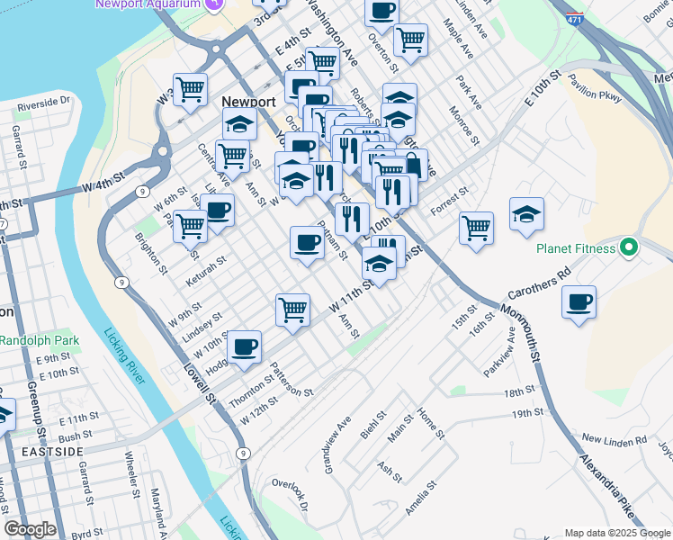 map of restaurants, bars, coffee shops, grocery stores, and more near 1001 Columbia Street in Newport