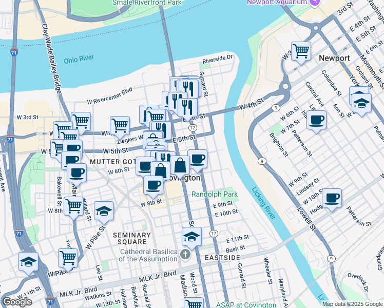map of restaurants, bars, coffee shops, grocery stores, and more near 526 Greenup Street in Covington