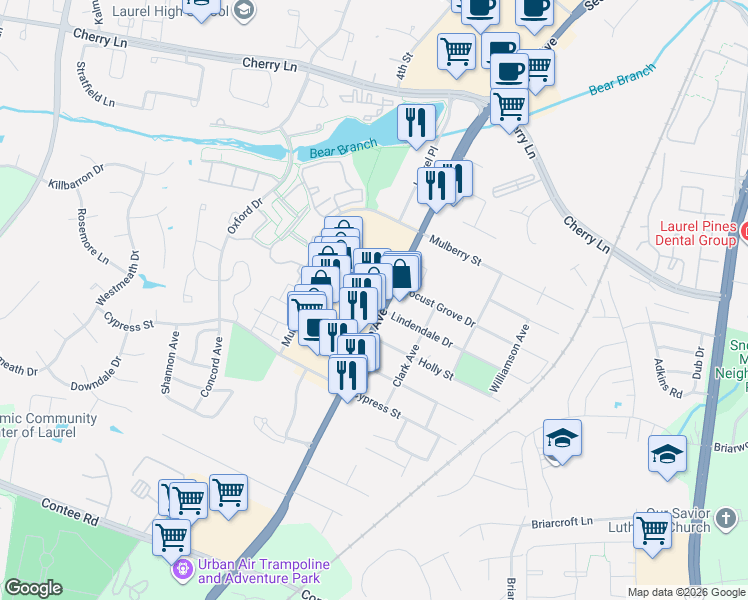 map of restaurants, bars, coffee shops, grocery stores, and more near 14210 Baltimore Avenue in Laurel