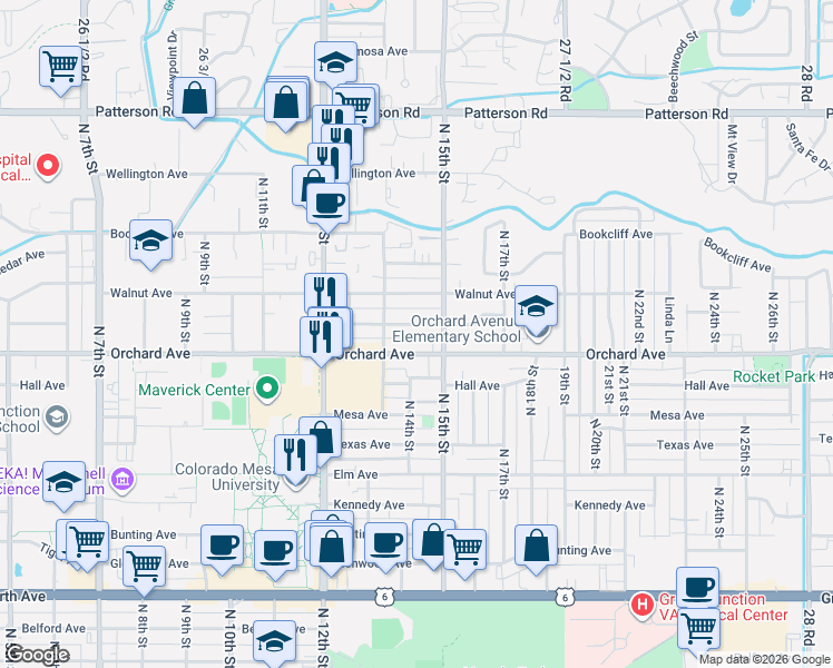 map of restaurants, bars, coffee shops, grocery stores, and more near 1391 Pinyon Avenue in Grand Junction