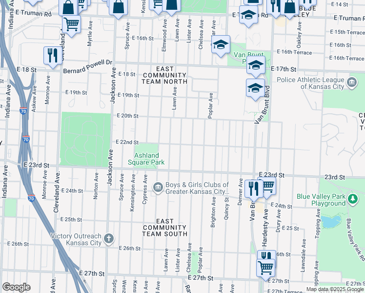map of restaurants, bars, coffee shops, grocery stores, and more near 2201 Lister Avenue in Kansas City