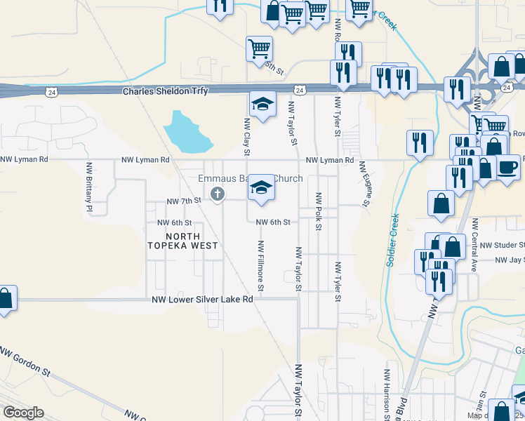 map of restaurants, bars, coffee shops, grocery stores, and more near 2000 Northwest Clay Street in Topeka