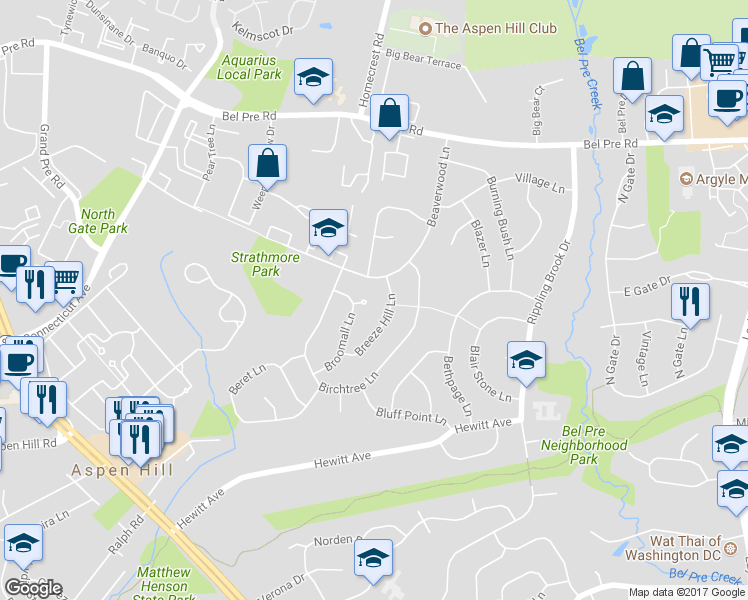 map of restaurants, bars, coffee shops, grocery stores, and more near 2 Broomall Court in Silver Spring