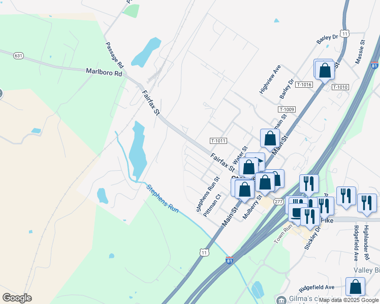 map of restaurants, bars, coffee shops, grocery stores, and more near 226 Shoe Buckle Court in Stephens City