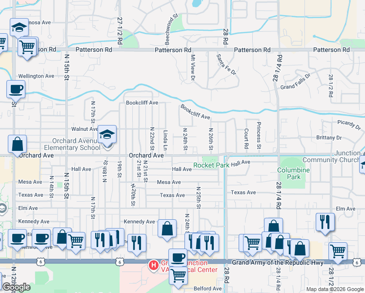 map of restaurants, bars, coffee shops, grocery stores, and more near 2409 Pinyon Avenue in Grand Junction