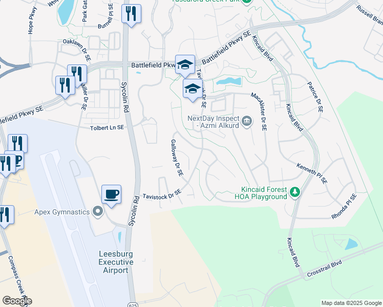 map of restaurants, bars, coffee shops, grocery stores, and more near 608 Talmadge Court Southeast in Leesburg