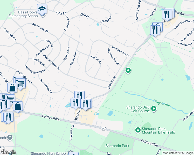 map of restaurants, bars, coffee shops, grocery stores, and more near 116 Montgomery Circle in Stephens City