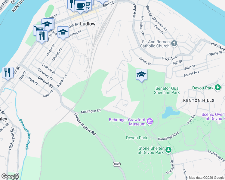 map of restaurants, bars, coffee shops, grocery stores, and more near 344 Riverbend Drive in Ludlow