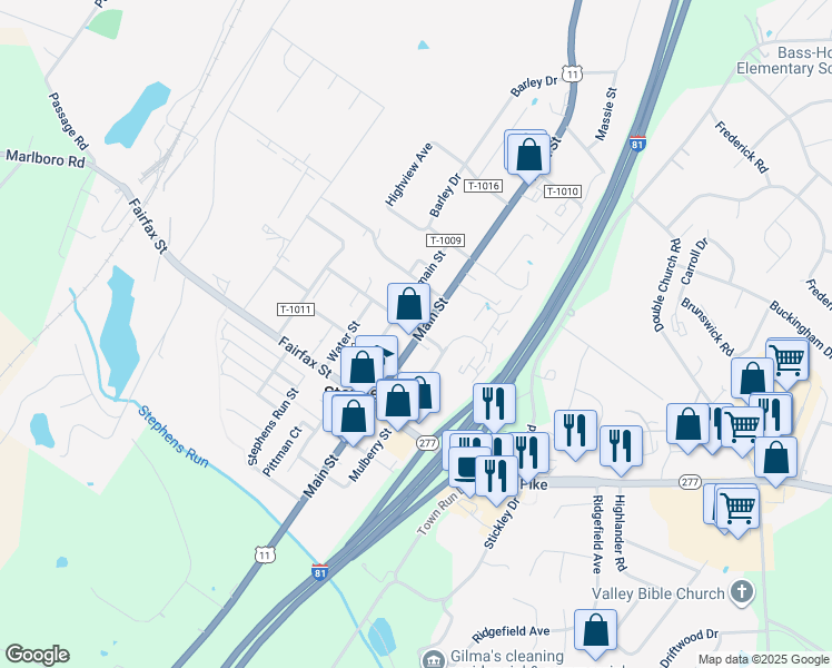 map of restaurants, bars, coffee shops, grocery stores, and more near 5303 Main Street in Stephens City
