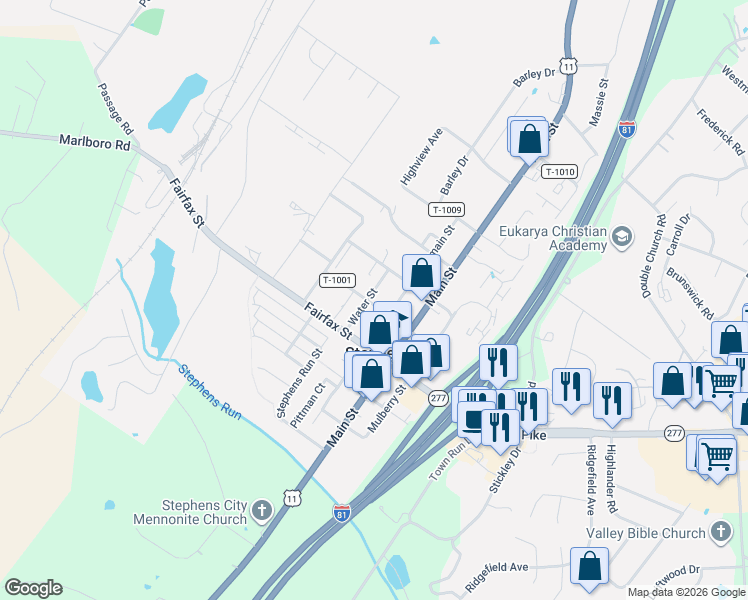 map of restaurants, bars, coffee shops, grocery stores, and more near 5336 Water Street in Stephens City