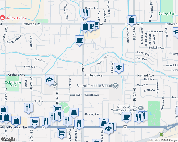 map of restaurants, bars, coffee shops, grocery stores, and more near 2902 Pinyon Avenue in Grand Junction