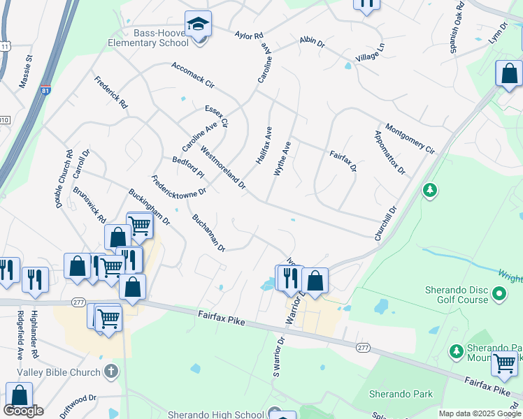 map of restaurants, bars, coffee shops, grocery stores, and more near 416 Westmoreland Drive in Stephens City