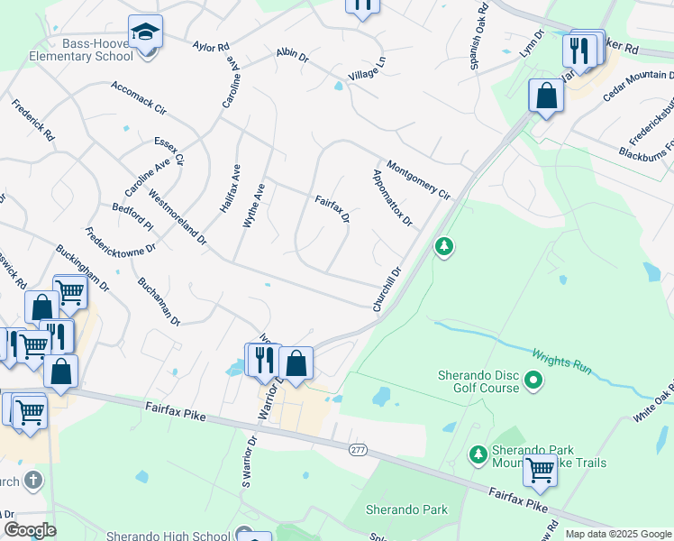map of restaurants, bars, coffee shops, grocery stores, and more near 116 Montgomery Circle in Stephens City