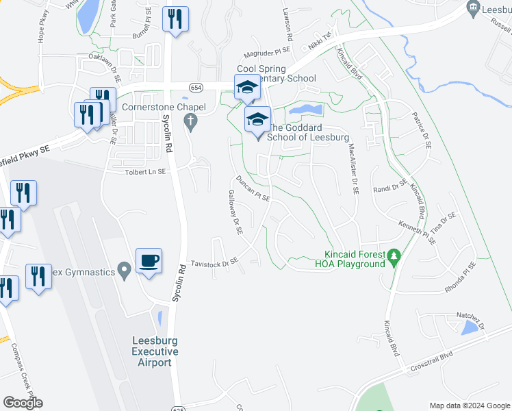 map of restaurants, bars, coffee shops, grocery stores, and more near 608 Talmadge Court Southeast in Leesburg