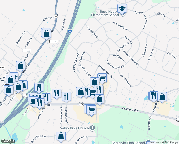 map of restaurants, bars, coffee shops, grocery stores, and more near 105 Chesterfield Circle in Stephens City
