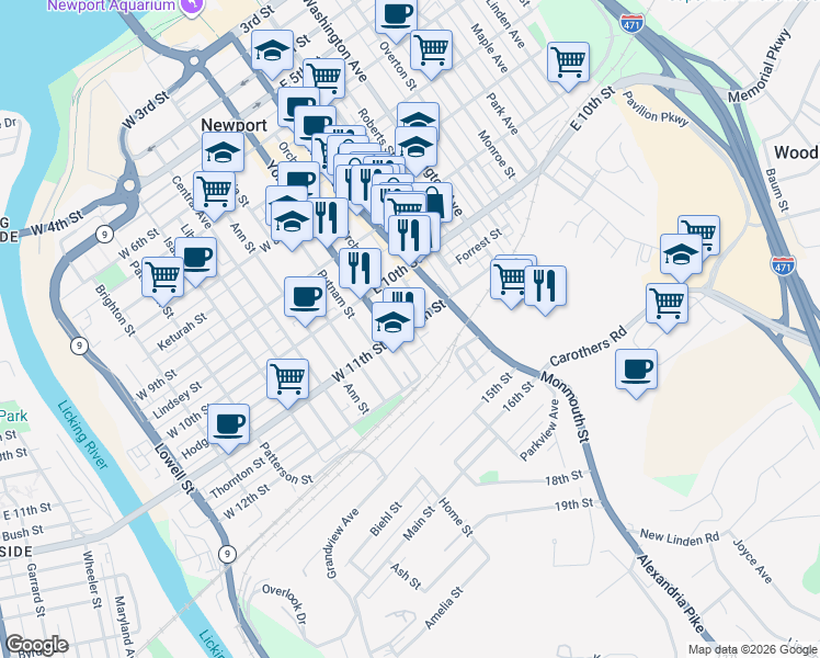 map of restaurants, bars, coffee shops, grocery stores, and more near 16 U.S. 27 in Newport