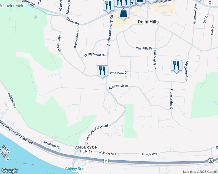 map of restaurants, bars, coffee shops, grocery stores, and more near 5282 Riverwatch Drive in Cincinnati