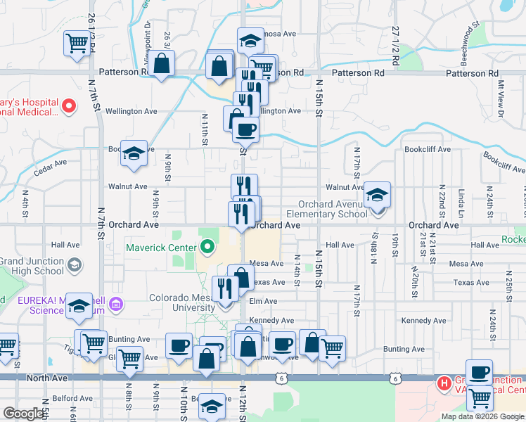 map of restaurants, bars, coffee shops, grocery stores, and more near 1285 Pinyon Avenue in Grand Junction