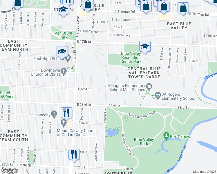 map of restaurants, bars, coffee shops, grocery stores, and more near 5803 East 21st Street in Kansas City