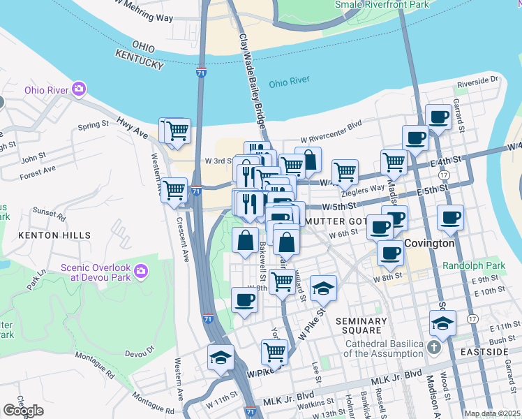 map of restaurants, bars, coffee shops, grocery stores, and more near 505 West 5th Street in Covington