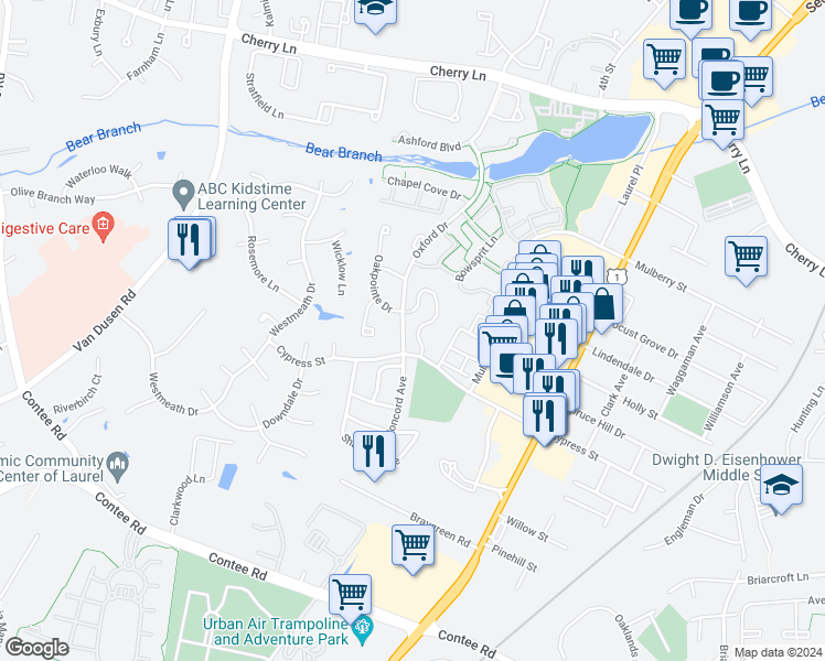 map of restaurants, bars, coffee shops, grocery stores, and more near 14016 Vista Drive in Laurel