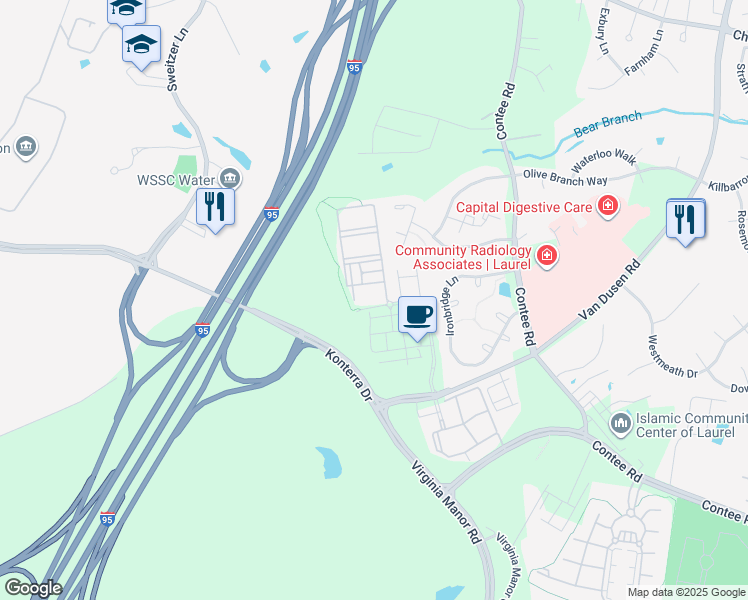 map of restaurants, bars, coffee shops, grocery stores, and more near 14100 West Side Boulevard in Laurel
