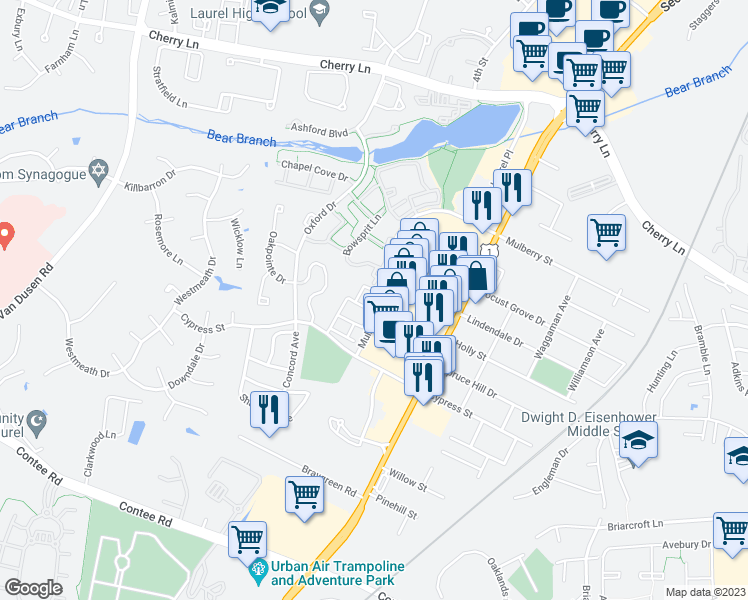 map of restaurants, bars, coffee shops, grocery stores, and more near 14111 William Street in Laurel