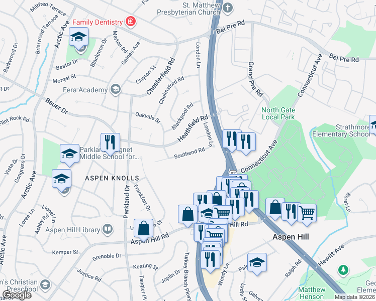 map of restaurants, bars, coffee shops, grocery stores, and more near 4101 Southend Road in Rockville